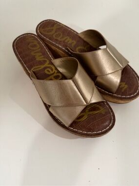 Sam Edelman Metallic Gold Crossover Slide Sandals